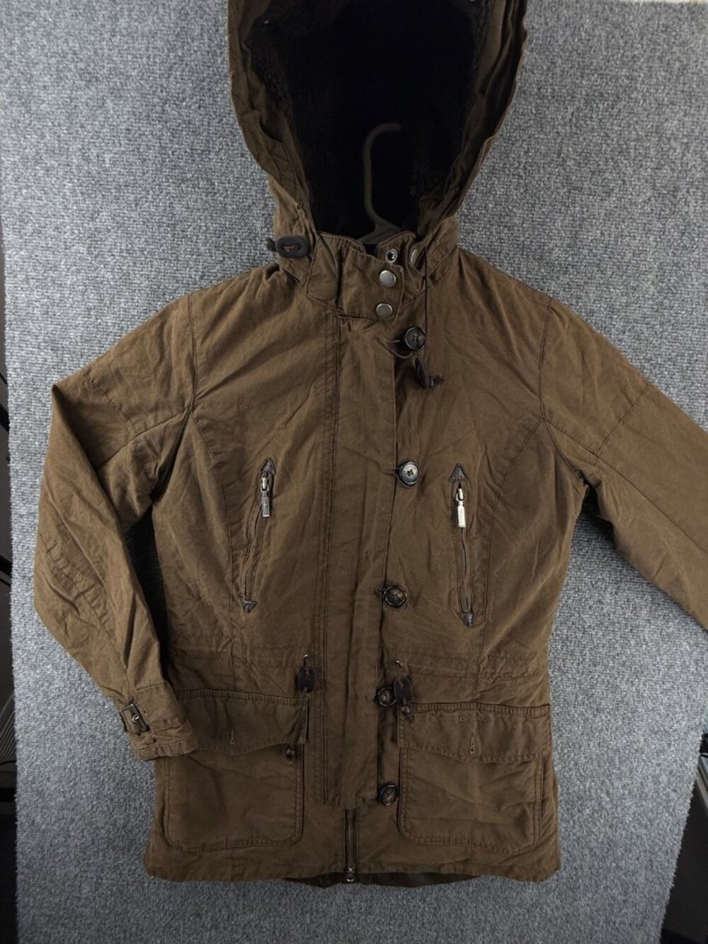 Barbour Vintage Troop Fleece Lined Waxed Jacket Brown Button Zip Women 6 US